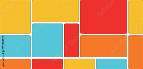 Abstract mosaic pattern of colorful rectangles in yellow, red, cyan, and orange arranged in a visually appealing composition