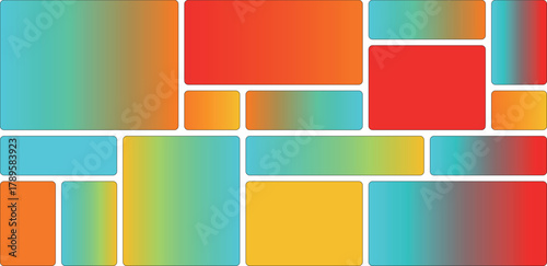 Abstract mosaic of rounded rectangles with vibrant gradient colors, arranged in a dynamic composition on a white background