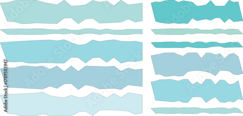 Collection of torn paper strips in various shades of blue and teal