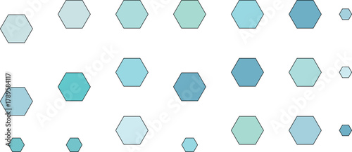 A collection of light blue and teal hexagons and circles of various sizes
