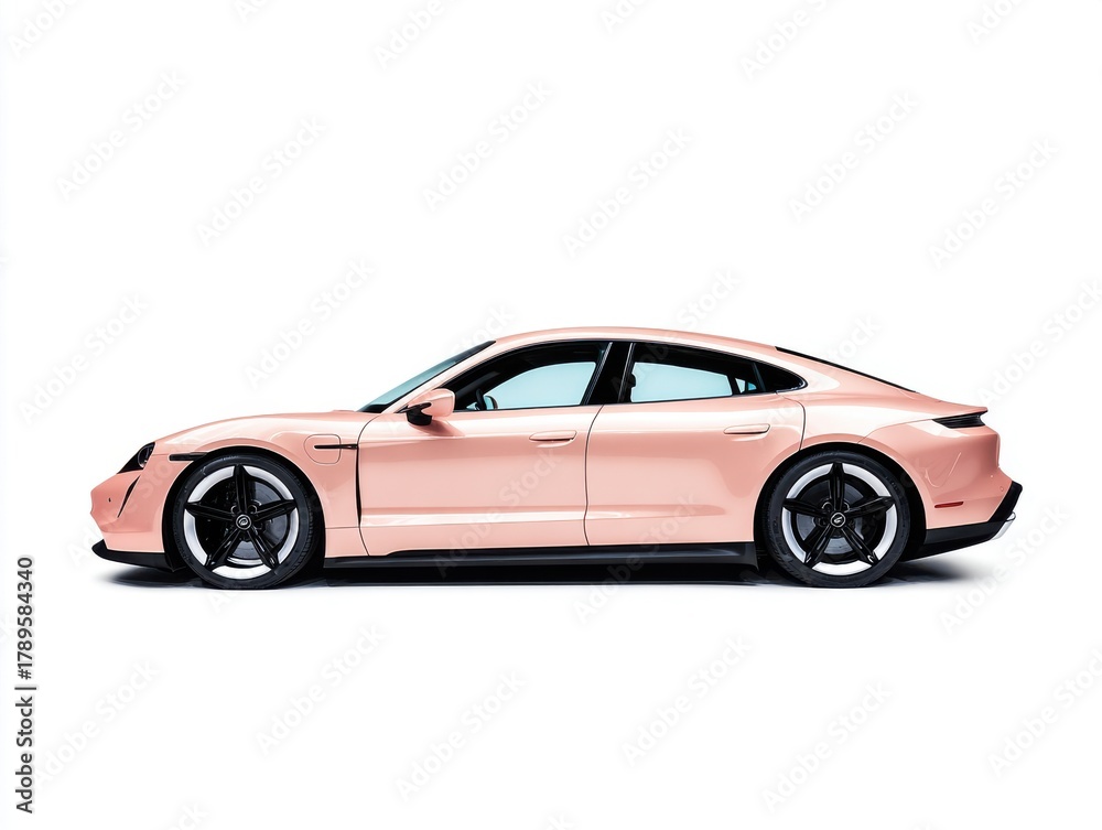 Obraz premium Blush Pink Electric Car Side Profile on White Background