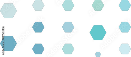 A collection of light blue and teal hexagons of various sizes scattered on a white background