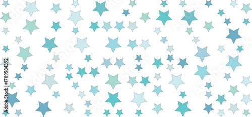 A scattered pattern of light blue and teal stars on a white background
