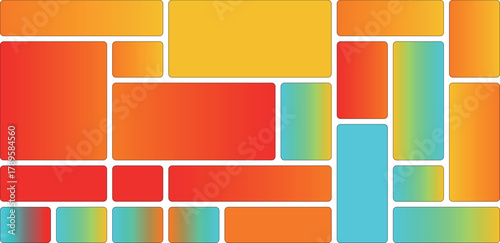 Abstract mosaic of colorful rectangles with rounded corners, featuring a vibrant gradient from red to yellow and blue