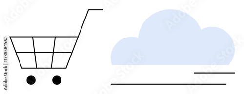 Shopping cart alongside a cloud shape, symbolizing online shopping, e-commerce, and cloud storage. Ideal for technology, retail, innovation, convenience, virtual services and marketing themes