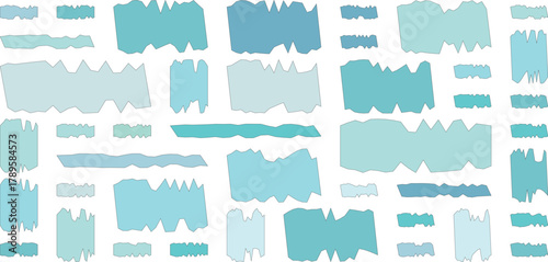 Collection of abstract blue and teal brush stroke shapes with torn edges
