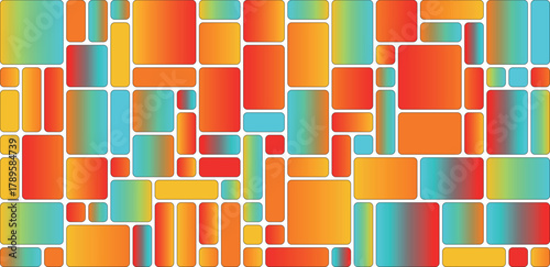 Abstract mosaic of rounded rectangles in vibrant gradient colors of orange, red, and cyan