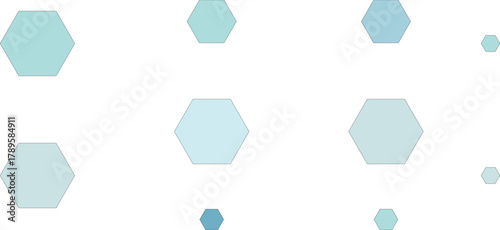A collection of light blue and teal hexagons of varying sizes scattered on a white background