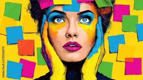 Colorful sticky notes on head show burnout concept. Vibrant woman with colorful face art and sticky notes background.