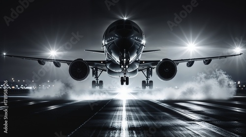 A dramatic monochrome nighttime scene capturing the intense moment of an airplane landing on a runway illuminated by bright guiding lights. The entire composition is bathed in shades of black