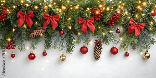 Festive christmas garland adorned with red bows ornaments and twinkling lights creating a warm and inviting holiday atmosphere