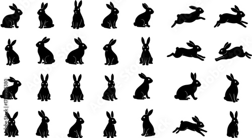 Rabbit set. Stylized silhouettes of sitting and running rabbits, on transparent background. Vector illustration, EPS version.