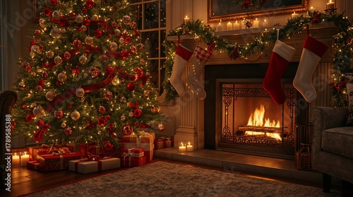 Christmas fireplace with stockings and decorated tree