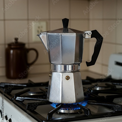 A classic, well-used aluminum Moka Pot on a vintage gas stove. The pot is just starting to gurgle, indicating the brew is nearly finished. The kitchen has a nostalgic, retro feel,  warm ambient light.