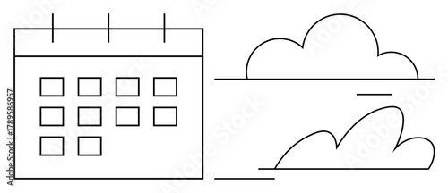 Calendar with grid format alongside minimal clouds. Ideal for scheduling, planning, organization, productivity, time management, future planning, weather. Simple flat metaphor