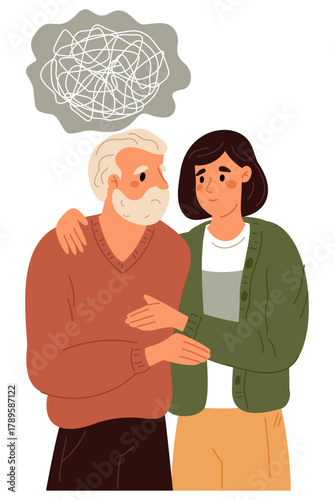 Young woman helps elderly grandfather with dementia. Tangled mind. Girl supporting senior man. Patient suffering from Alzheimer. Vector concept of helping and caring for grandparent