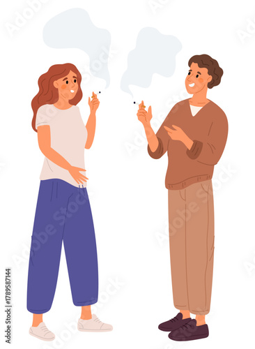 Young man and woman smoke cigarettes with tobacco or electronic ciggies. Unhealthy lifestyle. Nicotine addiction. Smoker with e-cig vaporizer. People inhaling cigar fume. Vector concept