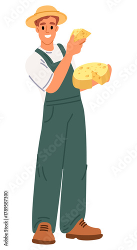 Young male farmer holds head of cheese in hands. Dairy farm worker for cheesy production. Local market organic product. Man showing maasdam piece. Cheesemaking worker. Vector concept