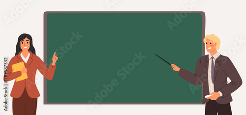 Young male and female teachers standing next to blackboard for teaching. School education. Professional instructor showing at classroom board. Empty chalkboard. Vector study background