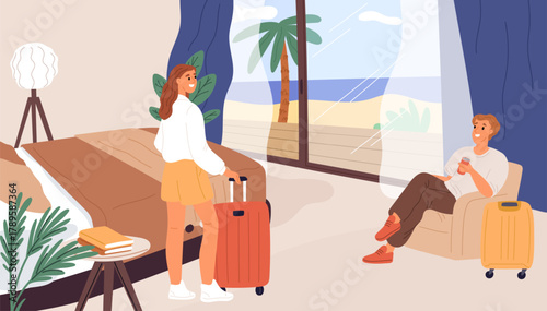 Young couple guy and girl settled into comfortable hotel room with view of coast. Tropical sea resort. People with baggage suitcases in motel bedroom. Happy travelers. Vector concept