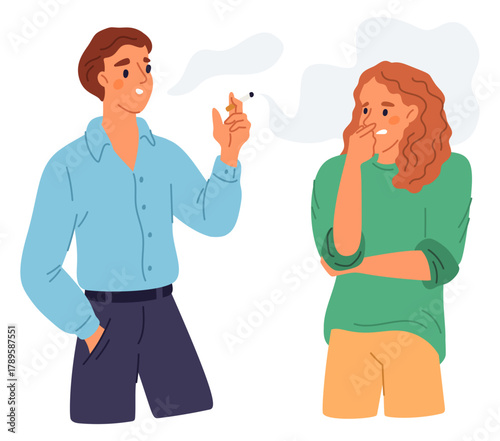 Woman covers her nose with hand to avoid cigarette smoke. Smoking is harmful to your health. Unhealthy lifestyle. Passive tobacco fume breathing. Man inhaling toxic cloud. Vector concept