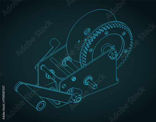 Reversible hand winch isometric blueprint illustration