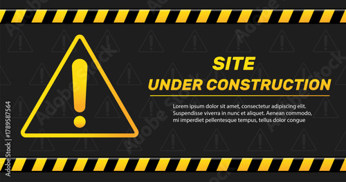 Website page with warning site is under construction. Striped barriers. Broken software. Network malfunction. Computer repair. Vector web banner with black or yellow information strips