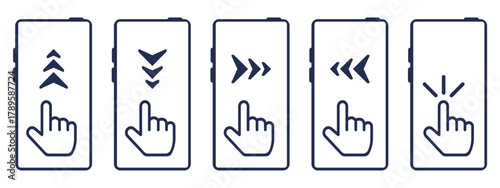 Touchscreen icons with hand pressing and scrolling screen in different directions. Menu control gesture. Mobile phone. Finger touch motion. Smartphone display. Vector digital symbols set