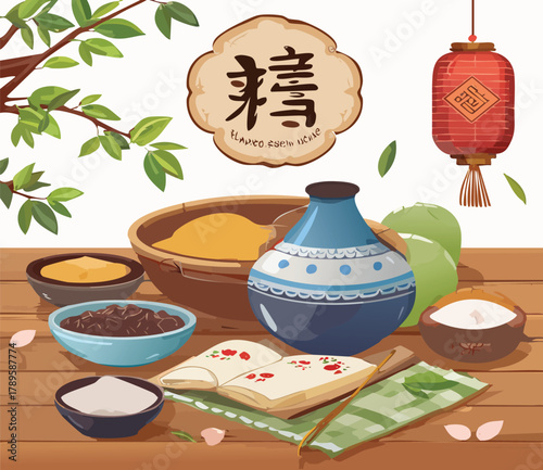 Exotic Asian cuisine ingredients artfully arranged, evoking culinary tradition and delicious possibilities in a vibrant, inviting presentation