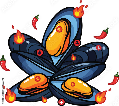 Pixel Art Spicy Mussels with Chili Peppers and Flames Illustration on White Background