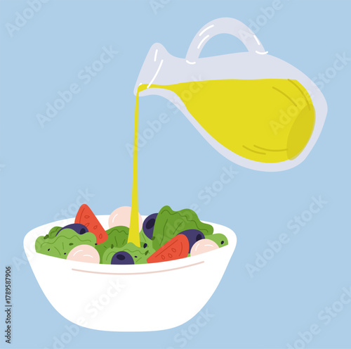 Salad with greens. Fresh vegetables. Italian cheese. Tomatoes is drizzled with olive oil from glass bottle. Diet meal cooking. Culinary dressing add. Vegetarian product. Vector concept