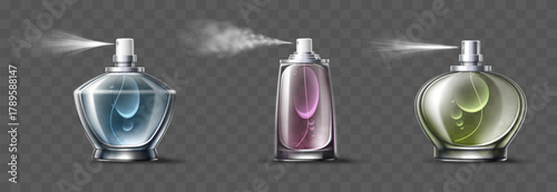 Realistic perfume bottles spraying fragrant liquid from spray vial Pleasant smell sprayers. Aroma cosmetics. Toilet water flasks. Vector 3D perfumery objects set on transparent background