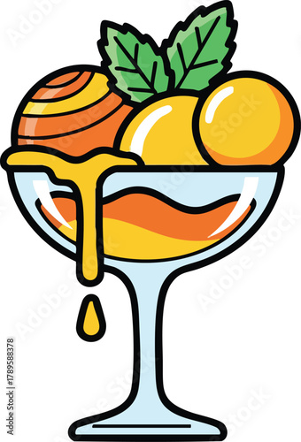 Pixel Art Mango Sorbet In A Glass Dish With Mint Leaves And Syrup Drip