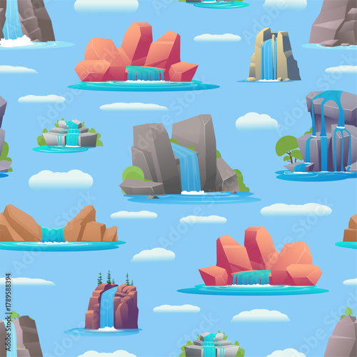 Mountain peaks with cascading waterfalls seamless pattern. Water flowing down. Repeated print. Aqua stream on cliff stones. Wild nature rocks. Creek liquid falling. Vector background