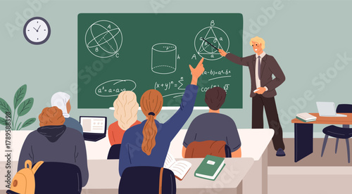 Male mathematics teacher teaching class at school. College education. Boys and girls sitting in classroom. Professor explaining geometry formula calculation to students. Vector concept