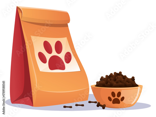 Large paper bag of dog food with bowl full of feed. Disposable cardboard package. Puppies feeder. Craft pouch with pawprint. Veterinary care of domestic animals. Vector isolated objects