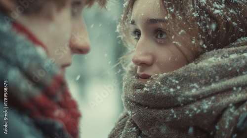 couple in love at each other in a snowy park, love at first sight moment, close-up portrait