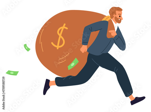 Happy businessman runs with large bag of paper money. Man making profit. Success in business. Thief escaping with banknotes sack. Investment income. Financial benefit. Vector concept