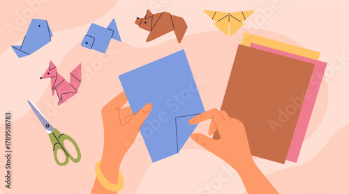 Hands fold colored paper and make origami. Cardboard crafts. Creative hobby. Arms on table top view. Handmade toys. Japanese handcraft. Animal figures create in studio. Vector concept