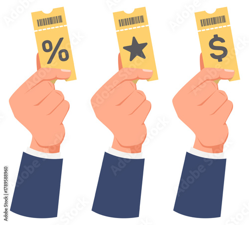 Hand holds coupon with dollar signs, percentages and stars. Certificate admit barcode. Sale discount ticket. Male arm showing concert access card. Money winning voucher. Vector concept
