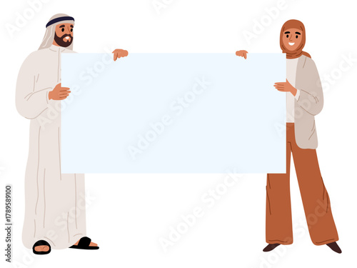 Arab man and woman in traditional muslim dress holding white sheet of paper. Arabic couple showing banner. Arabians together presenting placard. Demonstration activist. Vector concept