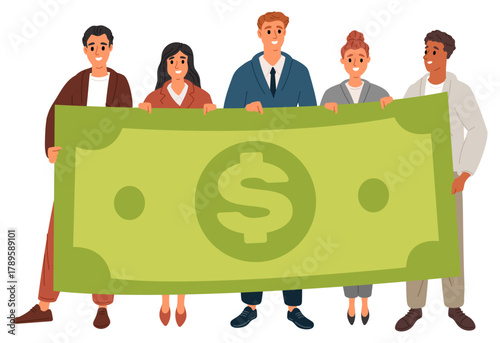 Businessmen and women in suits hold dollar bill in hands. Teamwork to make profit. Corporate employees team earning money together. Financial income. Big currency banknote. Vector concept