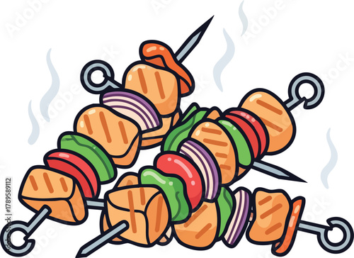 Delicious Grilled Chicken Skewers With Colorful Vegetables And Smoke Wisps