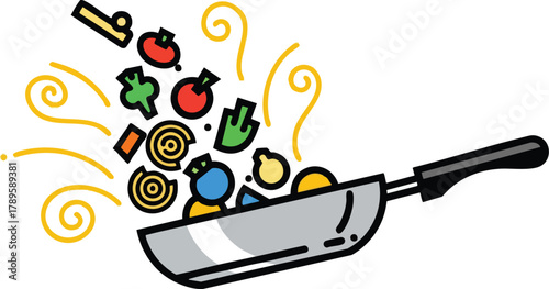 Cartoon Style Stir Fry Vegetables Cooking In A Pan With Swirling Steam And Vibrant Colors On White Background