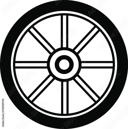 Black and white graphic icon of a spoked wheel with concentric circles symbol