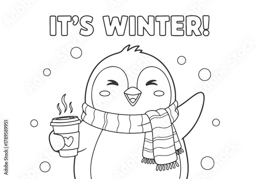 Delightful Winter Penguin Coloring Book Page Featuring a Cute Animal Enjoying a Warm Drink, Perfect for Creative Kids and Adults