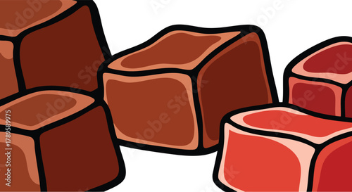 Cubed Raw Meat Pieces Isolated on White Background Vivid Colors Detailed Illustration