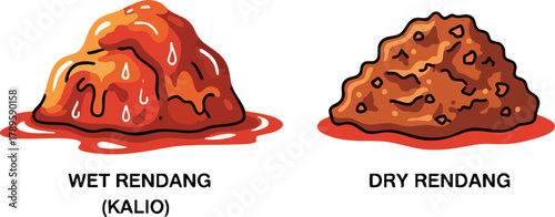 Two Rendang Dishes Side By Side Wet And Dry In A Simple Illustration Style