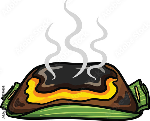 Steaming freshly baked bread wrapped in banana leaves with charred crust and glowing interior on a white background with wisps of smoke