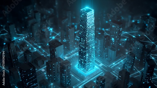 Central skyscraper glowing as the AI-driven fintech hub, surrounded by digital finance energy lines in blue neon light.